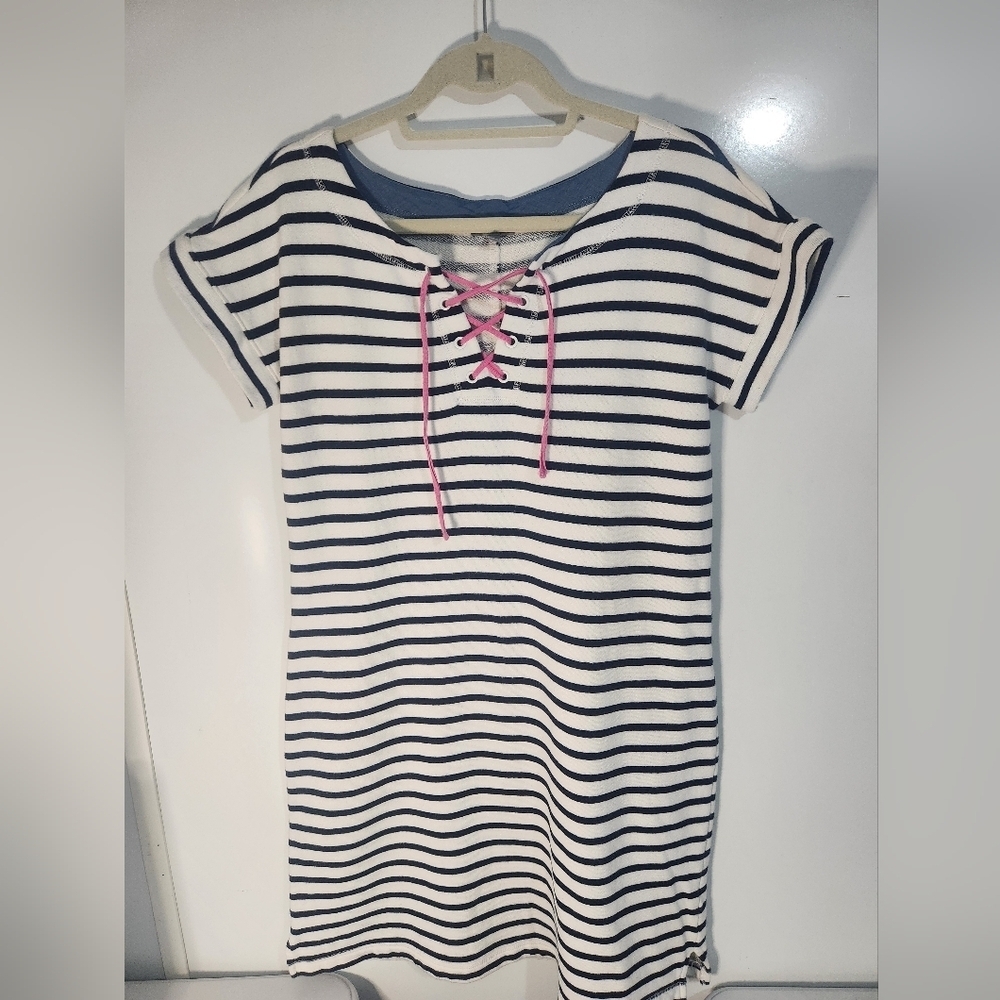 Talbots Striped Navy and White  Dress with Pink Accents, Size Medium